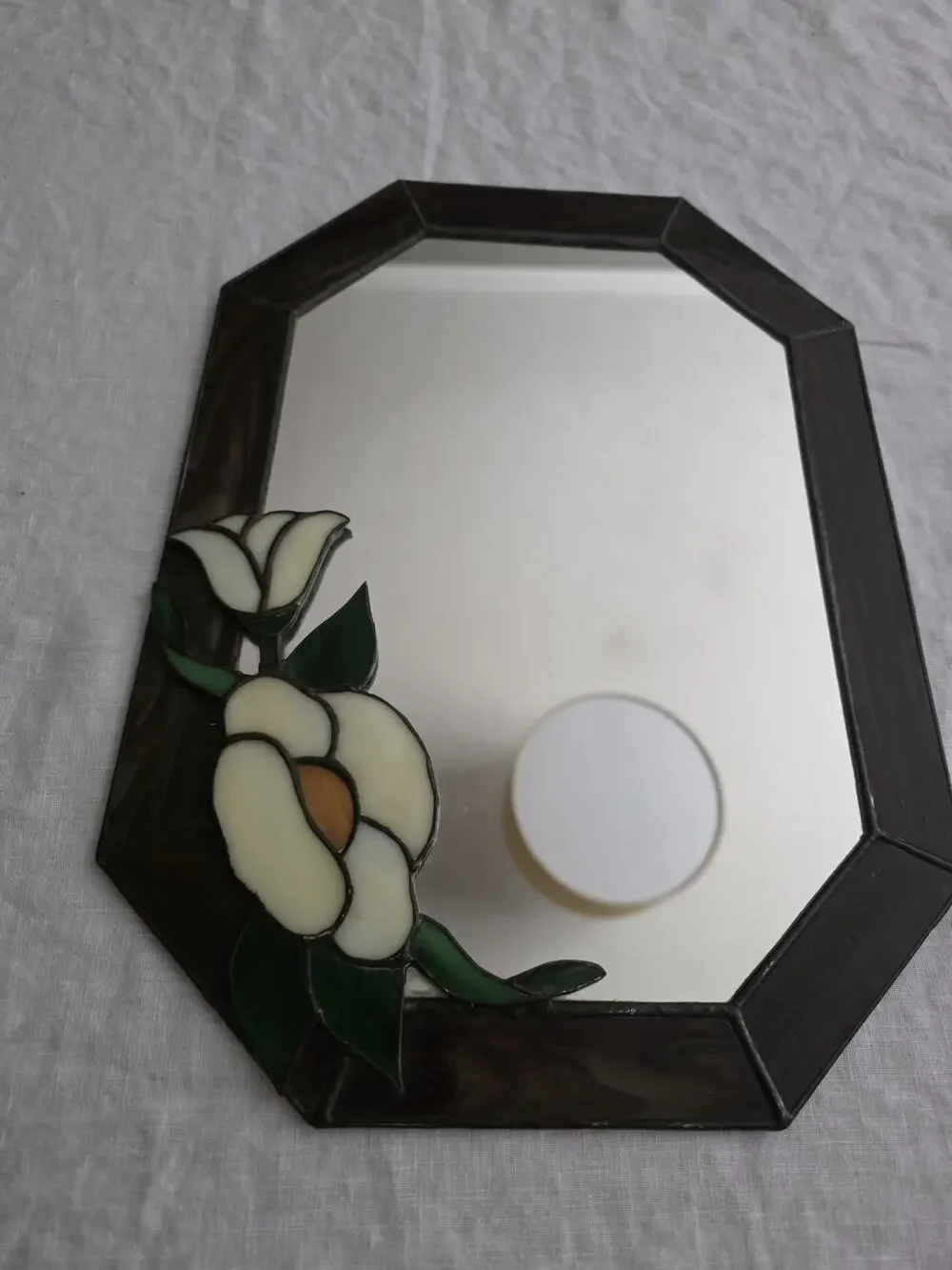 Vintage Floral Stained Glass Frame Mirror Flowers Cottage Flower 14 X 10